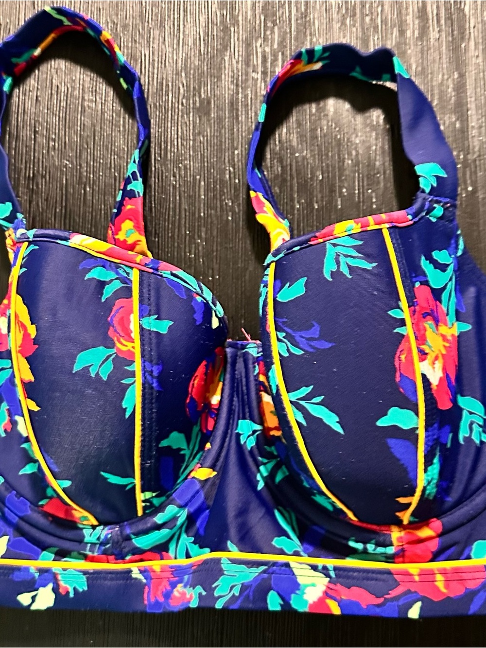 cleo Navy Floral Underwire Bikini Top with Yellow Piping